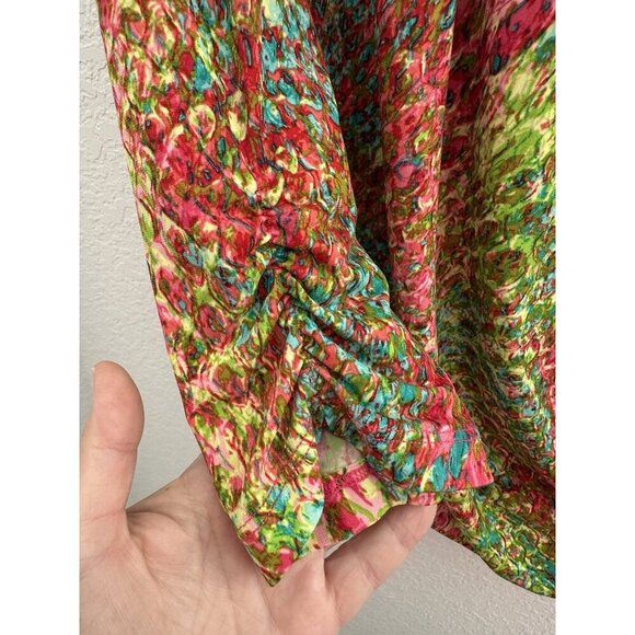 Anne Klein Womens Faux Wrap Blouse L Multicolor 3/4 Sleeve Abstract Peacock Work - Picture 3 of 15